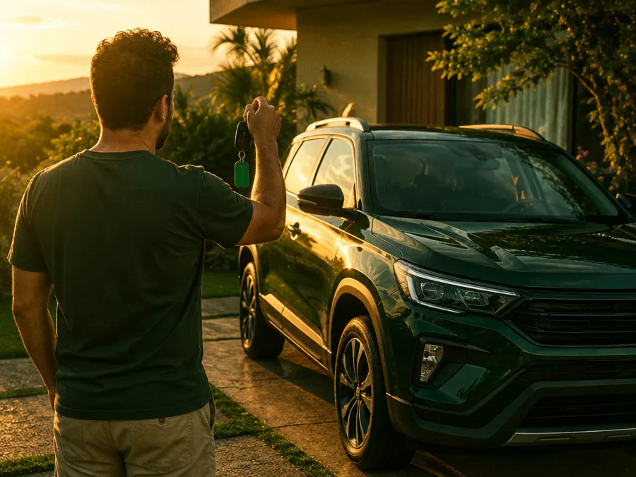 Homem segurando a chave do carro novo na frente de casa