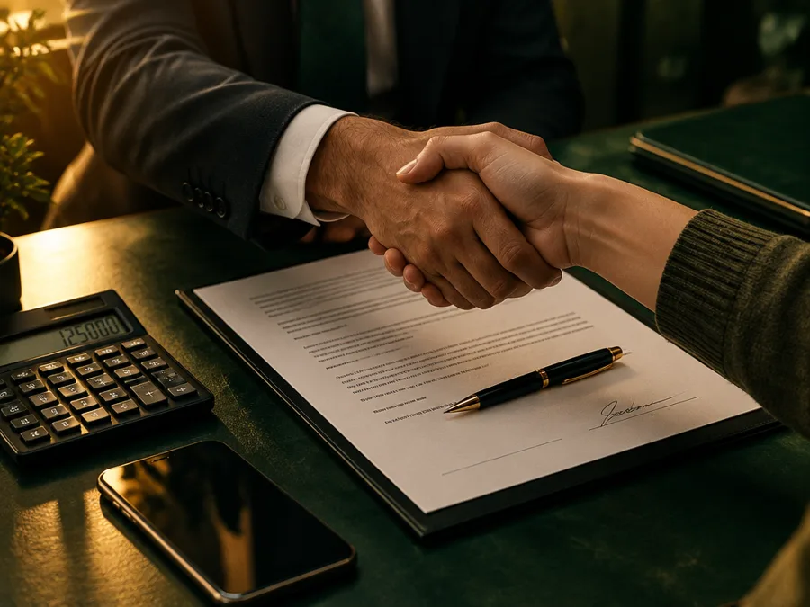 Aperto de mão sobre um contrato assinado e uma calculadora